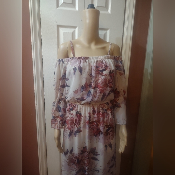 As u wish women's size medium long sleeve open shoulder dress floral southern - Picture 3 of 9